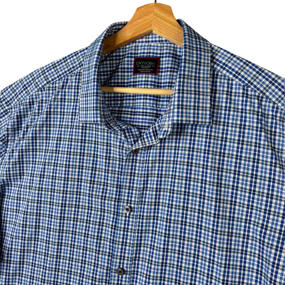UNTUCKit Mens XXL Relaxed Fit Blue Plaid Short Sleeve Performance Shirt